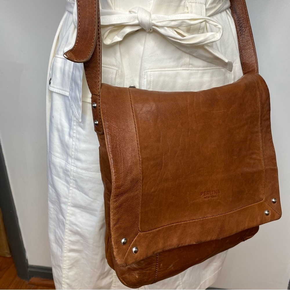 Perlina Tan Leather Messenger Flap Crossbody Bag